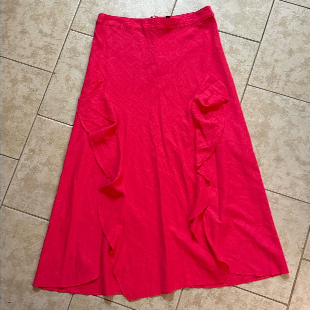 Lulus Pink Ruffle Midi Skirt Double Slit Large L Linen - Picture 5 of 8